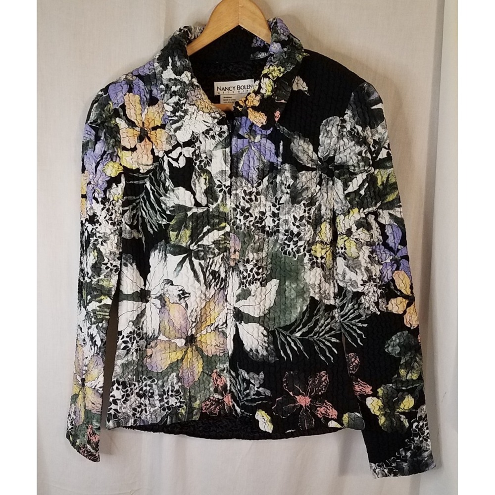 Vintage Nancy Bolen City Girl Textured Crinkle Jacket Sz M Floral Y2K Zip